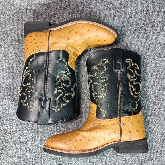 Cody James Boys Cowboy Boots Size 13.5 Black Tan Two Tone Ostrich Print - Picture 1 of 8